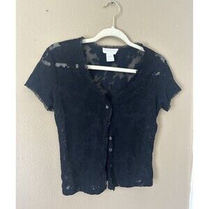 Vintage 90s Express Floral Lace Whimsical Goth Button Up Short Sleeve Sheer S/M